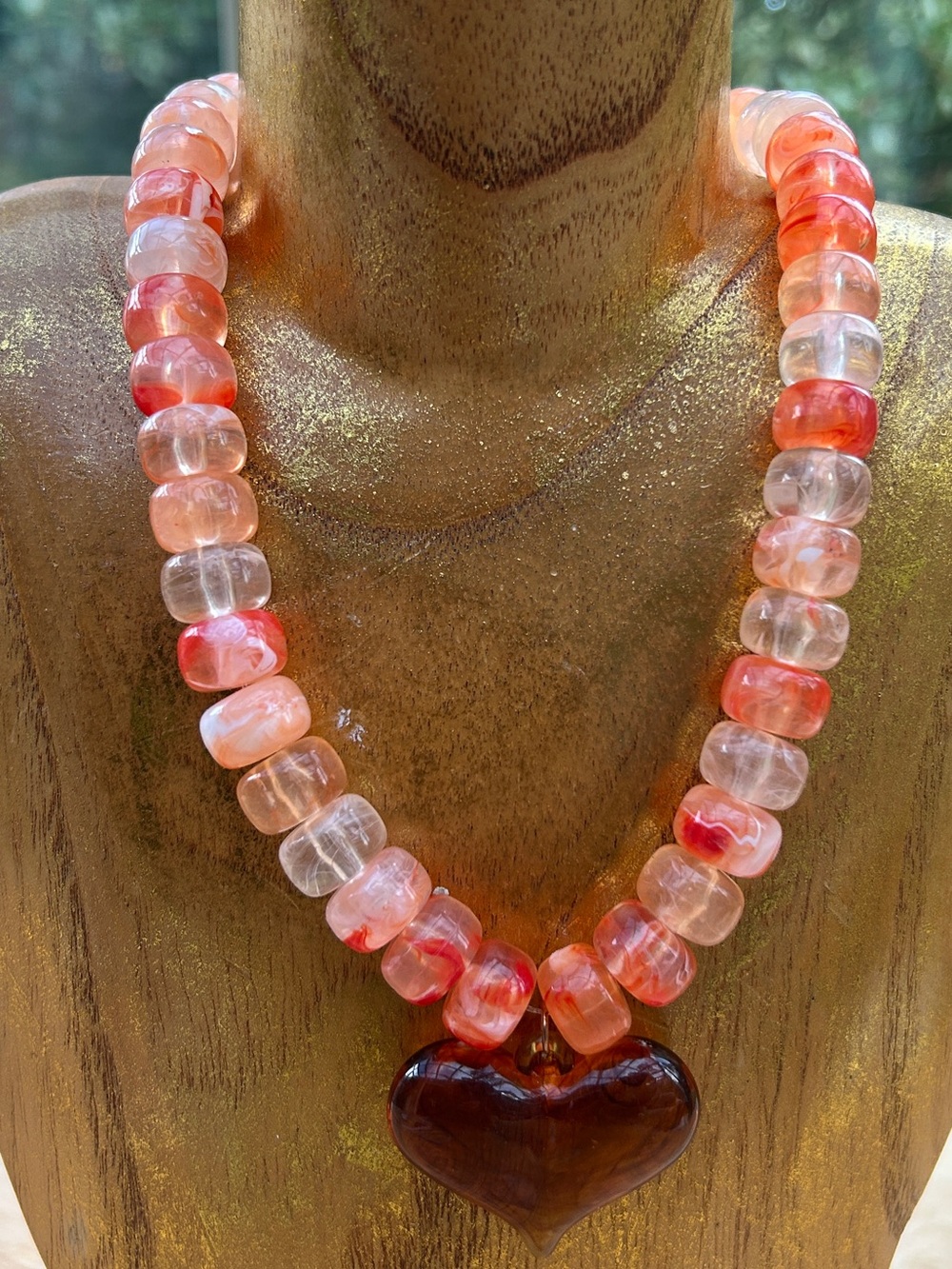 Orange Beaded Statement Necklace w/ Amber Heart Pendant 15–17”